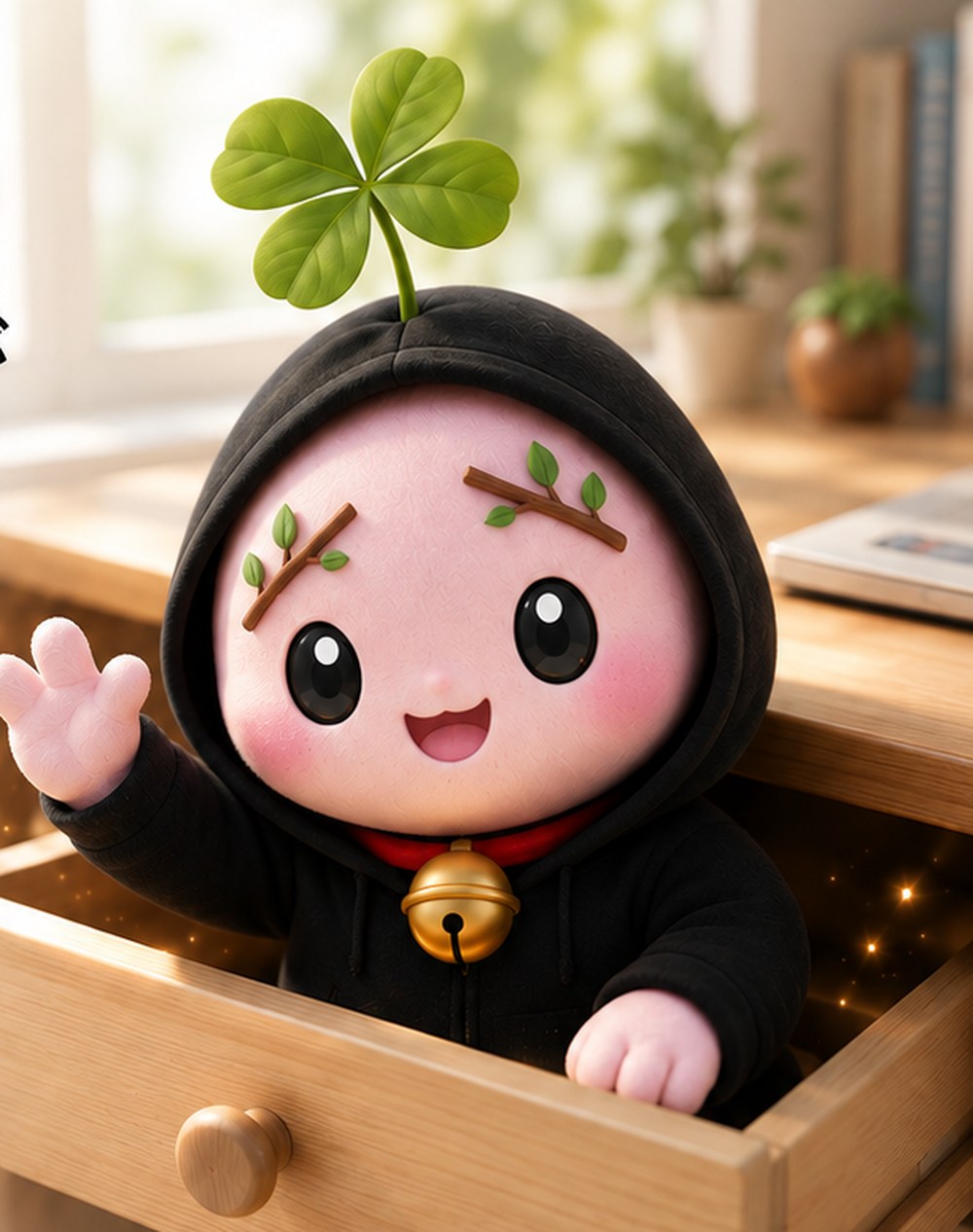 YOKOEMON with a four-leaf clover, branch eyebrows, black hood, red collar and bell